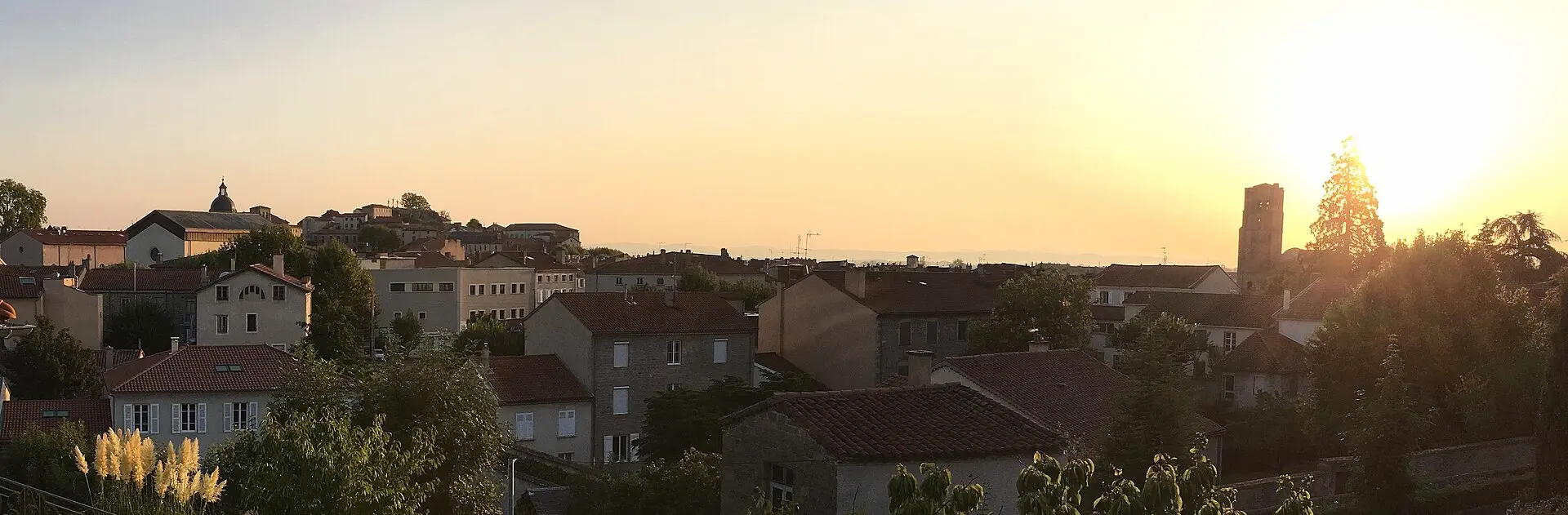 Panorama de Montbrison au crépuscule : toits de tuiles, flèche de la collégiale et ville vieille sur sa butte
